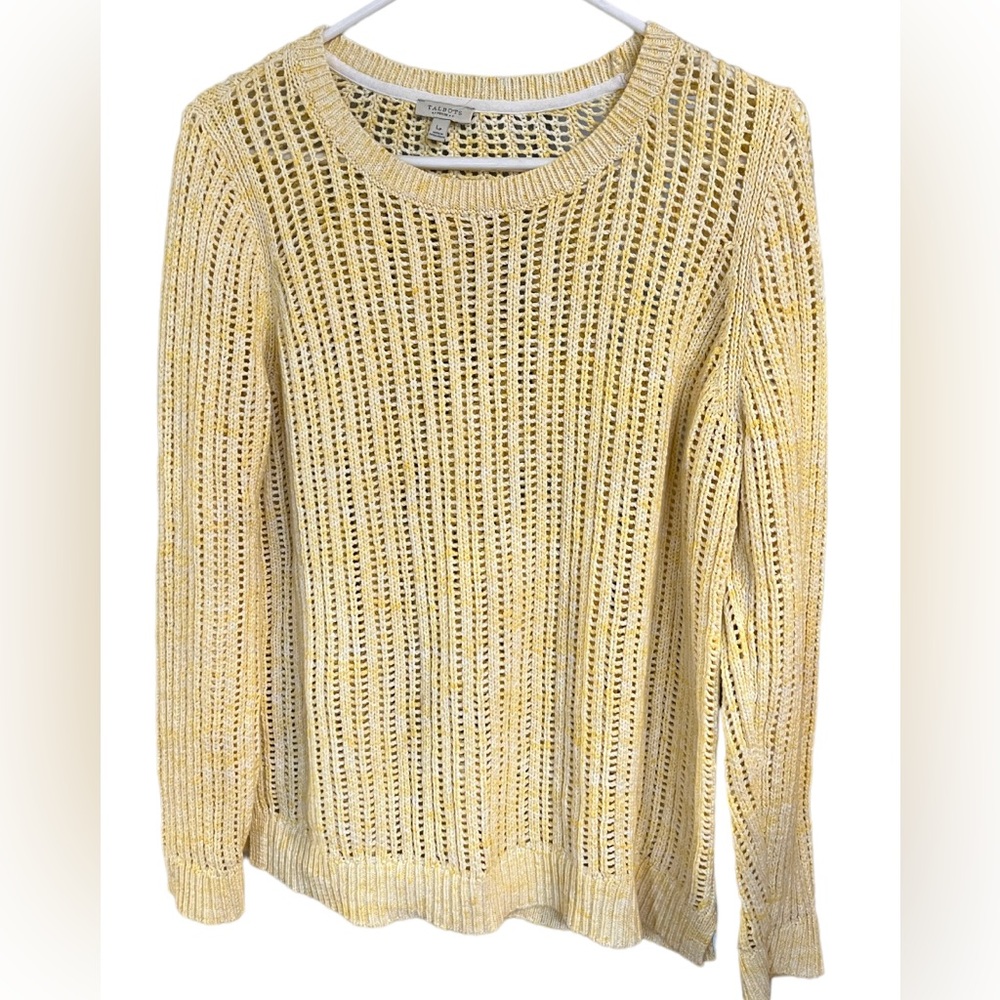 Talbots Yellow Marled Open Knit Weave Crew Neck Sweater size LPetite Spring